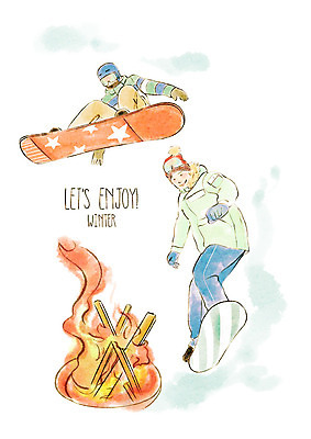 전신 PSD 남자 행복 겨울 일러스트 모션 놀이 겨울스포츠 수채화 사람 성인 두명 파란색 점프 주황색 스노우보드 모닥불 국내일러스트 계절 감정 스포츠 컬러 불 보드_스포츠 파일형식