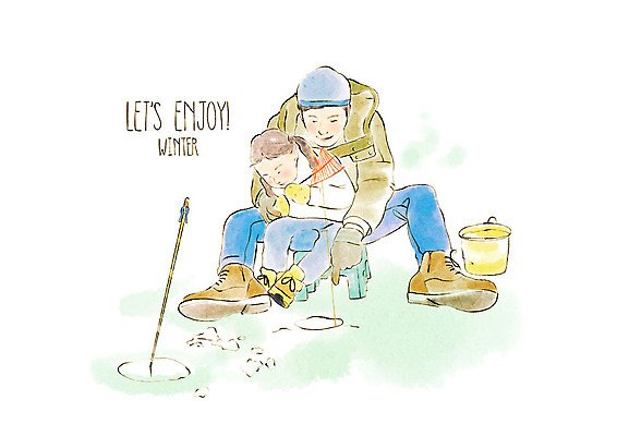 전신 PSD 응시 여자 남자 딸 행복 어린이 겨울 일러스트 놀이 수채화 사람 앉기 성인 두명 가리킴 아빠 낚싯대 양동이 얼음낚시 빙어낚시 부녀 국내일러스트 시선 계절 감정 가족 모션 낚시 손짓 낚시용품 파일형식