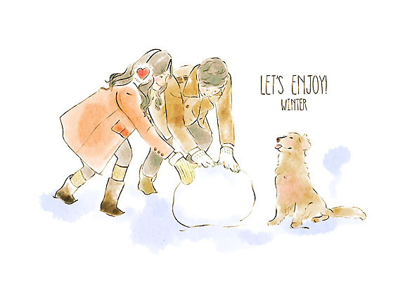 전신 PSD 커플 여자 남자 행복 겨울 일러스트 눈사람 수채화 사람 성인 두명 강아지 귀마개 눈굴리기 눈사람만들기 성인만 국내일러스트 잡화 계절 감정 관계 반려동물 개 만들기 굴리기 파일형식