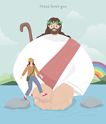 전신 여자 남자 기독교 종교 무지개 일러스트 사랑 사람 상반신 성인 두명 강 교회 도움 예수 하나님 보호 돌다리 징검다리 국내일러스트 AI파일 자연요소 감정 컨셉 종교건축 건물 다리_건축물 신_종교 파일형식 벡터