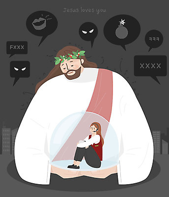 전신 여자 남자 기독교 종교 일러스트 사랑 사람 상반신 성인 두명 교회 평화 예수 하나님 좌절 보호 서비스업 직원 위로 험담 갑질 국내일러스트 AI파일 직업 감정 산업 컨셉 종교건축 건물 신_종교 파일형식 벡터