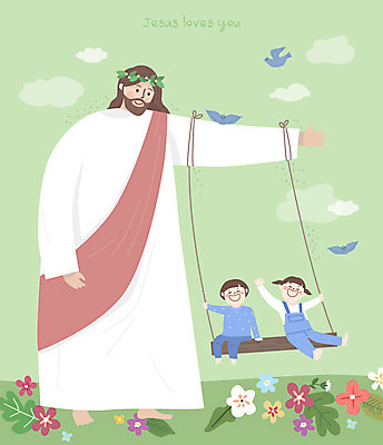 전신 여자 남자 꽃 기독교 종교 어린이 꽃밭 일러스트 사랑 사람 앉기 성인 세명 연두색 교회 평화 예수 하나님 보호 즐거움 그네 놀기 국내일러스트 AI파일 식물 감정 컨셉 종교건축 모션 건물 초록색 신_종교 파일형식 벡터