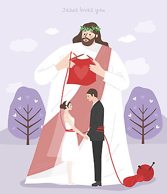 전신 커플 여자 남자 기독교 종교 결혼 일러스트 결혼식 사랑 사람 성인 세명 교회 마주보기 평화 보라색 운명 예수 하나님 뜨개질 털실 보호 인연 국내일러스트 AI파일 감정 컬러 컨셉 관계 종교건축 모션 이벤트 취미 건물 신_종교 실 파일형식 벡터