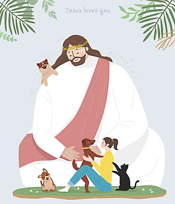 전신 동물 여자 남자 기독교 종교 일러스트 안기 나뭇잎 사랑 미소 사람 앉기 성인 두명 반려동물 교회 평화 고양이 예수 하나님 강아지 보호 유기견 유기동물 국내일러스트 AI파일 감정 컨셉 잎 포유류 종교건축 모션 표정 건물 신_종교 개 파일형식 벡터