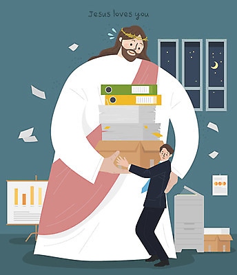 전신 남자 기독교 종교 일러스트 회사 사랑 미소 사람 성인 두명 교회 평화 업무 작업 도움 예수 하나님 보호 야근 동행 서류더미 잔업 국내일러스트 AI파일 감정 컨셉 비즈니스 종교건축 표정 건물 신_종교 문서 파일형식 벡터 더미
