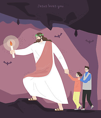 전신 여자 남자 기독교 종교 일러스트 촛불 사람 성인 세명 빛 교회 평화 보라색 어둠 예수 하나님 동굴 보호 박쥐 동행 국내일러스트 AI파일 컬러 컨셉 초 포유류 종교건축 건물 신_종교 파일형식 벡터