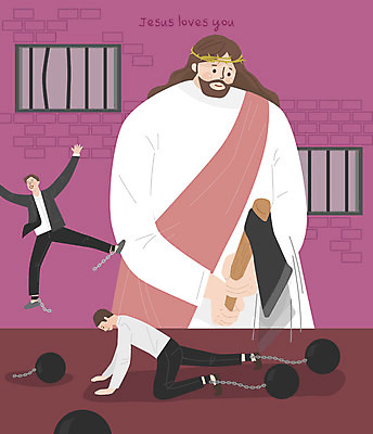 전신 남자 기독교 종교 일러스트 사랑 사람 동양인 상반신 성인 세명 교회 평화 자유 예수 하나님 보호 쇠사슬 자주색 자르기 감옥 도끼 창살 족쇄 죄수 국내일러스트 AI파일 감정 컬러 컨셉 종교건축 모션 인종 건물 신_종교 파일형식 벡터