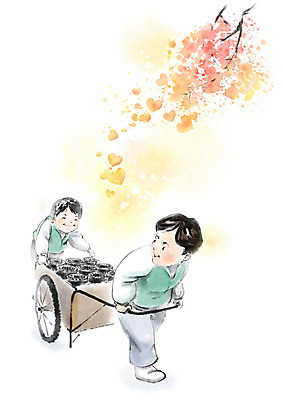 PSD 남자 단풍 겨울 일러스트 캘리그라피 단풍나무 붓터치 협력 따뜻함 사랑 미소 사람 성인 두명 수레 하트 도움 당기기 밀기 연탄 성인남자만 국내일러스트 모양 나무 계절 감정 컨셉 잎 모션 표정 카트 남자만 성인만 파일형식