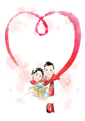 PSD 커플 여자 남자 겨울 일러스트 캘리그라피 붓터치 따뜻함 사랑 미소 들기 사람 상반신 성인 두명 빨간색 선물상자 목도리 하트 국내일러스트 모양 잡화 계절 감정 컬러 관계 모션 표정 선물 상자 파일형식