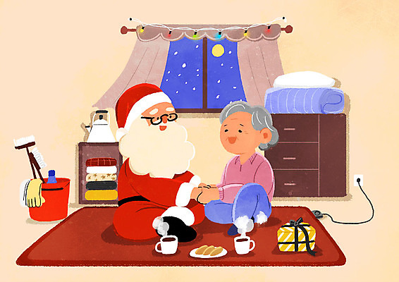 전신 PSD 여자 노년 남자 크리스마스 겨울 일러스트 전구 창문 주택 따뜻함 대화 선물 미소 사람 앉기 두명 산타클로스 손잡기 이불 봉사 차 청소 이웃 위로 독거노인 불우이웃 노인만 국내일러스트 계절 기념일 음료 침구 모션 표정 말하기 성인 건물 도움 성인만 파일형식