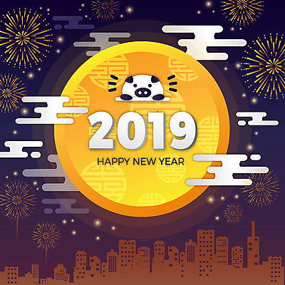 구름 전통 일러스트 불꽃 새해 폭죽 빌딩 사람없음 건물 빛 컬러풀 노란색 전통문양 보라색 축제 달 도시 돼지띠 돼지 화려 해피뉴이어 2019년 기해년 황금돼지 국내일러스트 AI파일 돼지의해 자연요소 문양 건축물 컬러 컨셉 포유류 불 새해인사 십이지신 연도 파일형식 벡터