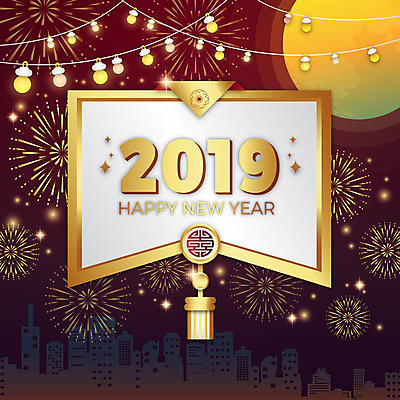 전통 일러스트 불꽃 조명 새해 폭죽 사람없음 장식 빨간색 컬러풀 노란색 축제 금색 달 도시 돼지띠 화려 해피뉴이어 2019년 기해년 황금돼지 국내일러스트 AI파일 돼지의해 자연요소 컬러 컨셉 불 새해인사 십이지신 돼지 연도 파일형식 벡터