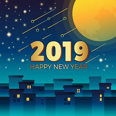 전통 일러스트 새해 주택 사람없음 건물 컬러풀 노란색 축제 금색 달 도시 돼지띠 화려 유성 남색 해피뉴이어 2019년 기해년 황금돼지 국내일러스트 AI파일 돼지의해 자연요소 건축물 컬러 컨셉 새해인사 십이지신 돼지 연도 파일형식 벡터