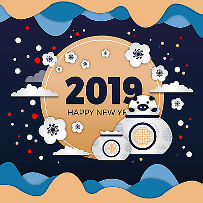 구름 한마리 전통 꽃 일러스트 새해 복주머니 사람없음 컬러풀 축제 돼지띠 돼지 화려 남색 해피뉴이어 2019년 기해년 황금돼지 국내일러스트 AI파일 돼지의해 자연요소 식물 1 컬러 컨셉 포유류 전통소품 새해인사 십이지신 연도 파일형식 벡터