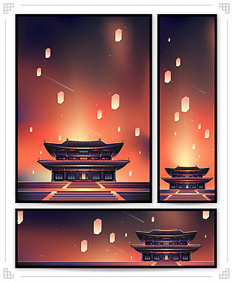 템플릿 배너템플릿 가로배너 포스터 별 세로배너 야경 근하신년 새해 따뜻함 사람없음 빨간색 빛 궁전 현수막 복 신비 경복궁 풍등 몽환 포스터템플릿 AI파일 자연요소 배너 컬러 컨셉 고건축 조명 한국 가로 세로 한자 야간 파일형식 벡터 풍경_경치