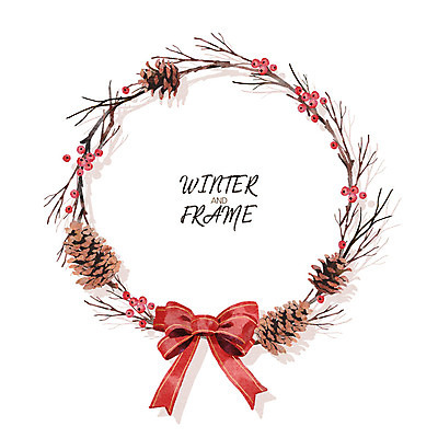 PSD 열매 리본 겨울 일러스트 프레임 사람없음 컬러풀 나뭇가지 솔방울 꽃프레임 국내일러스트 나무 식물 계절 꽃 컬러 파일형식