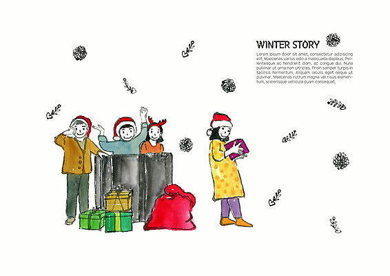 전신 PSD 여자 남자 어린이 크리스마스 겨울 일러스트 산타모자 수채화 선물 미소 사람 여러명 상반신 친구 선물상자 컬러풀 즐거움 보따리 솔방울 어린이만 국내일러스트 모자_잡화 계절 기념일 감정 컬러 다수 관계 표정 상자 파일형식