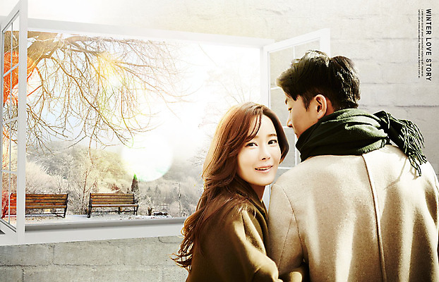 PSD 편집이미지 커플 여자 남자 겨울 벤치 미소 사람 상반신 20대 성인 두명 옆모습 뒷모습 30대 팔짱 한국인 뒤돌아보기 창가 카피스페이스 겨울풍경 이미지편집 계절 뷰포인트 의자 창문 관계 모션 표정 동양인 풍경 청년 장년 공백 파일형식