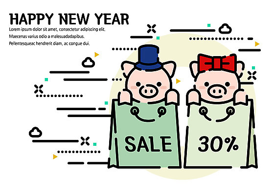 모자 리본 선 두마리 일러스트 새해 따뜻함 이벤트 사람없음 라이프 쇼핑백 세일 귀여움 돼지 플랫 감성 해피뉴이어 돼지캐릭터 기해년 국내일러스트 AI파일 잡화 동물캐릭터 컨셉 2 가방 포유류 생활 새해인사 파일형식 벡터 2019년