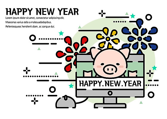한마리 선 일러스트 새해 불꽃놀이 따뜻함 사람없음 라이프 컴퓨터 귀여움 모니터 마우스 돼지 플랫 감성 해피뉴이어 돼지캐릭터 기해년 국내일러스트 AI파일 1 동물캐릭터 컨셉 포유류 놀이 생활 전자제품 컴퓨터용품 새해인사 파일형식 벡터 2019년