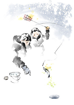 PSD 여자 남자 딸 어린이 겨울 일러스트 캘리그라피 붓터치 어류 사람 상반신 성인 두명 노란색 검은색 눈 가리킴 구멍 아빠 낚싯대 양동이 번짐 얼음낚시 송어 얼음구멍 부녀 국내일러스트 자연요소 계절 컬러 가족 낚시 날씨 손짓 수중동물 낚시용품 파일형식 효과