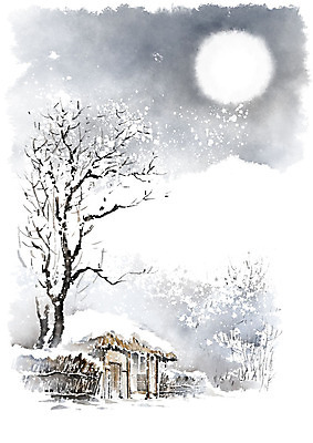 PSD 나무 겨울 일러스트 캘리그라피 붓터치 산 초가집 풍경 사람없음 울타리 고요 달 시골 눈 숲 시골집 번짐 겨울풍경 국내일러스트 자연요소 식물 계절 날씨 한옥 주택 담장 파일형식 효과