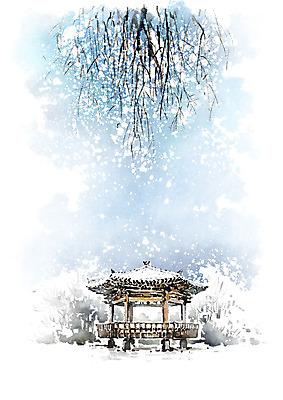 PSD 나무 겨울 일러스트 캘리그라피 하늘 붓터치 주택 풍경 사람없음 고요 나뭇가지 눈 숲 정자 번짐 눈내림 겨울풍경 국내일러스트 자연요소 식물 건축물 계절 날씨 눈_날씨 건물 파일형식 효과