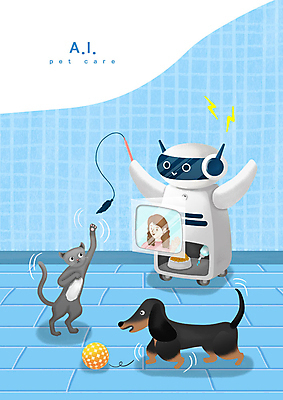 PSD 여자 얼굴 일러스트 공 놀이 한명 사람 성인 신체부위 반려동물 장난감 스크린 고양이 강아지 로봇 보여주기 주인 펫케어 4차산업 AI_인공지능 국내일러스트 동물 1 산업 포유류 모션 관리 개 파일형식