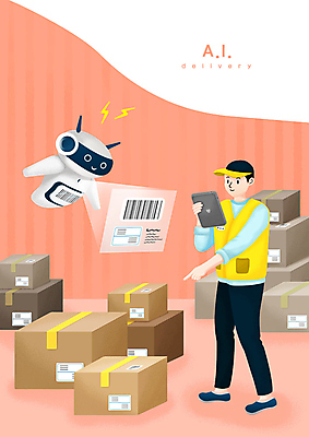 전신 PSD 남자 일러스트 한명 사람 성인 태블릿 스크린 가리킴 택배기사 로봇 배송 택배 바코드 택배상자 성인남자한명만 4차산업 AI_인공지능 국내일러스트 1 산업 손짓 전자제품 스마트기기 상자 운송업 배달원 남자한명만 성인남자만 파일형식