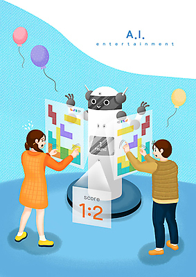 전신 PSD 여자 남자 일러스트 사람 성인 두명 게임 로봇 풍선 점수 맞대결 열심 성인만 4차산업 AI_인공지능 국내일러스트 산업 놀이 파일형식