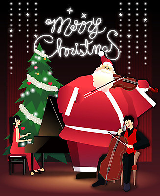 전신 여자 노년 남자 행복 악기 음악 크리스마스 겨울 연주 일러스트 조명 웃음 사람 성인 세명 크리스마스트리 산타클로스 공연 연주자 건반 피아노 공연장 바이올린 즐거움 첼로 연주회 피아니스트 국내일러스트 AI파일 계절 기념일 감정 현악기 문화예술 표정 이벤트 음악가 건반악기 극장 음악회 파일형식 벡터 찰현악기