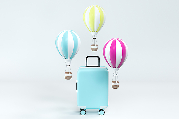 포토 JPG 해외이미지 여행 하늘색 사람없음 노란색 3D 캐리어 열기구 오브젝트 핑크리본 해외포토 리본 컬러 항공교통 파란색 여행가방 디지털합성 파일형식 이미지허브