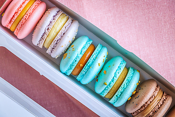 포토 JPG 해외이미지 디저트 실내 사람없음 상자 하이앵글 담기 일렬 마카롱 분홍색배경 해외포토 음식 뷰포인트 분홍색 백그라운드 모션 내부 파일형식 이미지허브