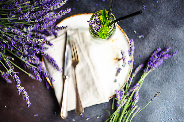 포토 JPG 해외이미지 접시 꽃 포크 실내 사람없음 아웃포커스 하이앵글 나이프 라벤더 해외포토 식물 식기 뷰포인트 촬영기법 내부 칼 허브 파일형식 이미지허브