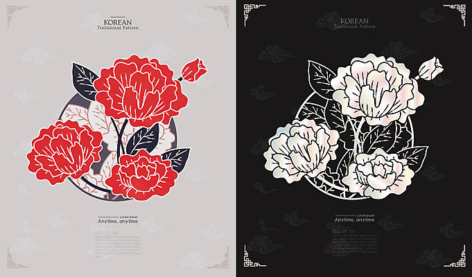 한국문화 한국전통 꽃 패턴 일러스트 사람없음 빨간색 전통무늬 전통문양 검은색 화려 와당문양 와당 국내일러스트 AI파일 식물 동양문화 전통 문양 컬러 컨셉 무늬 한국 파일형식 벡터
