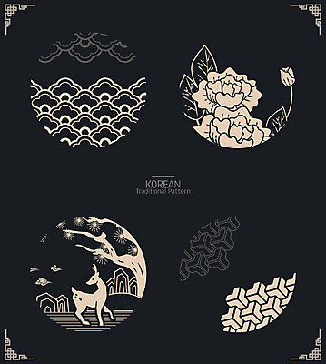 한국문화 한국전통 꽃 패턴 일러스트 사슴 흑백 사람없음 전통무늬 전통문양 화려 구름모양 와당문양 와당 입체도형 국내일러스트 AI파일 모양 도형 식물 동양문화 전통 문양 컨셉 무늬 포유류 한국 촬영기법 입체 파일형식 벡터 구름_자연