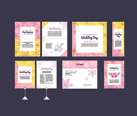 템플릿 배너 배너템플릿 꽃 분홍색 결혼 이벤트 사람없음 세트 노란색 현수막 청첩장 엽서 초대장 약도 소봉투 행사세트 행사템플릿 AI파일 식물 컬러 지도 편지봉투 카드_감사 편지 파일형식 벡터