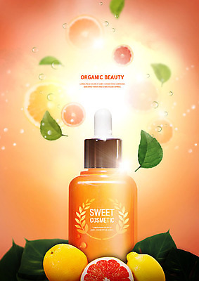 PSD 편집이미지 나뭇잎 사람없음 뷰티 주황색 화장품 물방울 자몽 유기농 싱그러움 에센스 천연화장품 목업 카피스페이스 이미지편집 웰빙 컬러 잎 과일 공백 파일형식