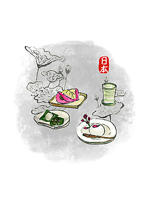 PSD 음료 일러스트 캘리그라피 붓터치 수채화 떡 연꽃 요리 사람없음 일본 찻잔 꽃봉오리 모찌 일본음식 국내일러스트 꽃 아시아 음식 잔 파일형식