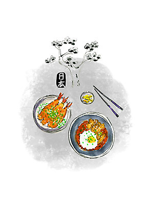 PSD 일러스트 캘리그라피 젓가락 붓터치 수채화 꽃나무 요리 사람없음 일본 덮밥 단무지 새우튀김 일본음식 국내일러스트 나무 꽃 아시아 음식 새우 수저 튀김 파일형식