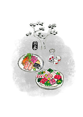 PSD 일러스트 캘리그라피 붓터치 수채화 꽃나무 요리 사람없음 일본 생선회 회 사케 일본음식 국내일러스트 나무 꽃 아시아 음식 주류 파일형식