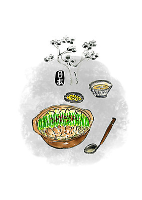 PSD 일러스트 캘리그라피 붓터치 수채화 요리 사람없음 일본 나뭇가지 국그릇 국자 전골 일본음식 국내일러스트 나무 그릇 아시아 음식 주방용품 파일형식