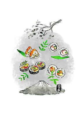 PSD 일러스트 캘리그라피 붓터치 나뭇잎 수채화 요리 사람없음 일본 벚나무 김밥 주먹밥 후지산 롤스시 일본음식 국내일러스트 나무 아시아 음식 잎 밥 산 초밥 세계문화유산 벚꽃 파일형식