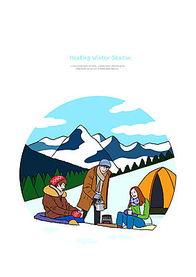 PSD 나무 여자 남자 겨울 일러스트 산 따뜻함 텐트 대화 미소 사람 앉기 상반신 성인 세명 컬러풀 설원 캠핑 추위 차 편안함 즐거움 힐링 겨울산 성인만 겨울캠프 국내일러스트 식물 계절 감정 음료 컬러 모션 레저 눈_날씨 표정 캠핑도구 말하기 감각 파일형식