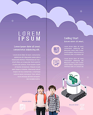 PSD 템플릿 표지디자인 북디자인 응시 출판디자인 여자 어린이교육 교육 남자 내지 어린이 리플렛 2단접지 북커버 책가방 사람 팜플렛 상반신 두명 친구 컴퓨터 모니터 손잡기 보라색 한국인 스마트 로봇 컴퓨터교육 어린이만 코딩 이미지템플릿 시선 컬러 컨셉 가방 관계 모션 동양인 전자제품 파일형식