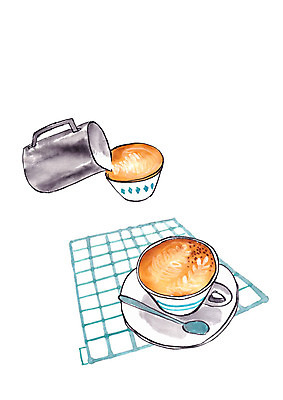 PSD 커피 일러스트 주전자 수채화 사람없음 커피잔 티스푼 천 번짐 라떼아트 국내일러스트 음료 주방용품 잔 숟가락 직물 그림 라떼 파일형식 효과