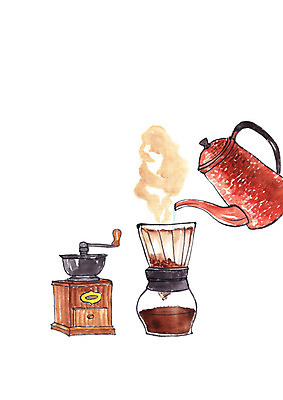 PSD 커피 일러스트 주전자 수채화 사람없음 갈색 수증기 번짐 커피가루 핸드드립 핸드밀 국내일러스트 음료 컬러 주방용품 가루 커피용품 파일형식 효과