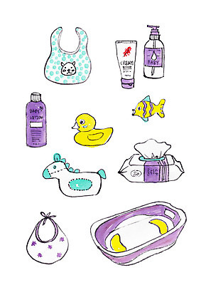 PSD 일러스트 수채화 사람없음 장난감 아기용품 번짐 턱받이 물티슈 베이비로션 베이비샴푸 아기욕조 오리인형 국내일러스트 인형 욕조 오브젝트 로션 샴푸 파일형식 효과