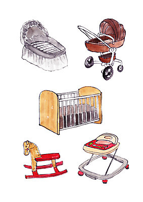 PSD 일러스트 수채화 사람없음 아기용품 번짐 유모차 목마인형 보행기 아기침대 흔들목마 국내일러스트 인형 침대 목마 오브젝트 파일형식 효과