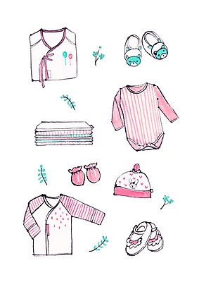 PSD 분홍색 일러스트 수채화 사람없음 번짐 아기신발 유아복 신생아우주복 아기모자 아기양말 국내일러스트 모자_잡화 옷 컬러 신발 아기용품 파일형식 효과